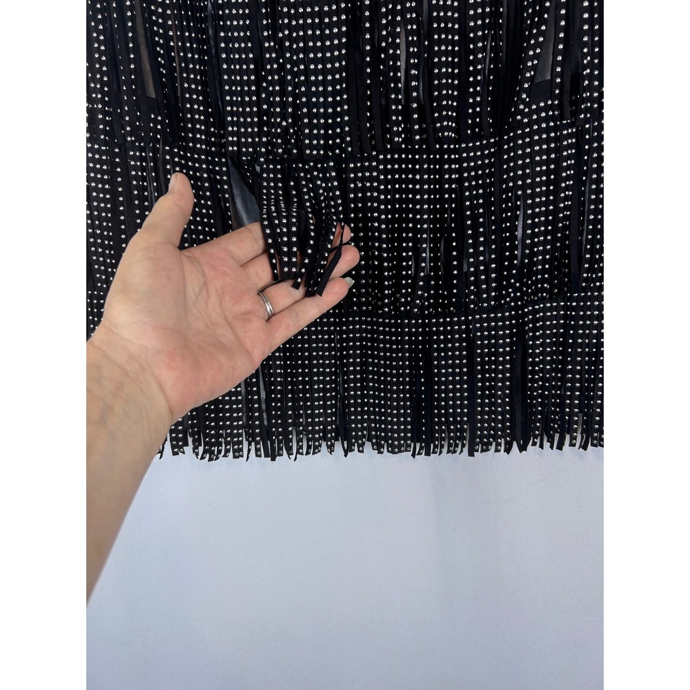 Faux Leather Studded Fringe Mini Skirt Black Western Rocker Festival Skirt - Picture 3 of 12